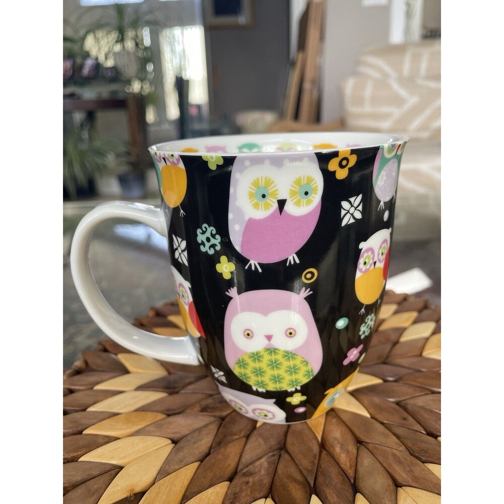 WHIMSICAL CERAMIC MUG BY CREATIVE TOPS LTD COLORFUL FOLK-ART OWL ON BLACK